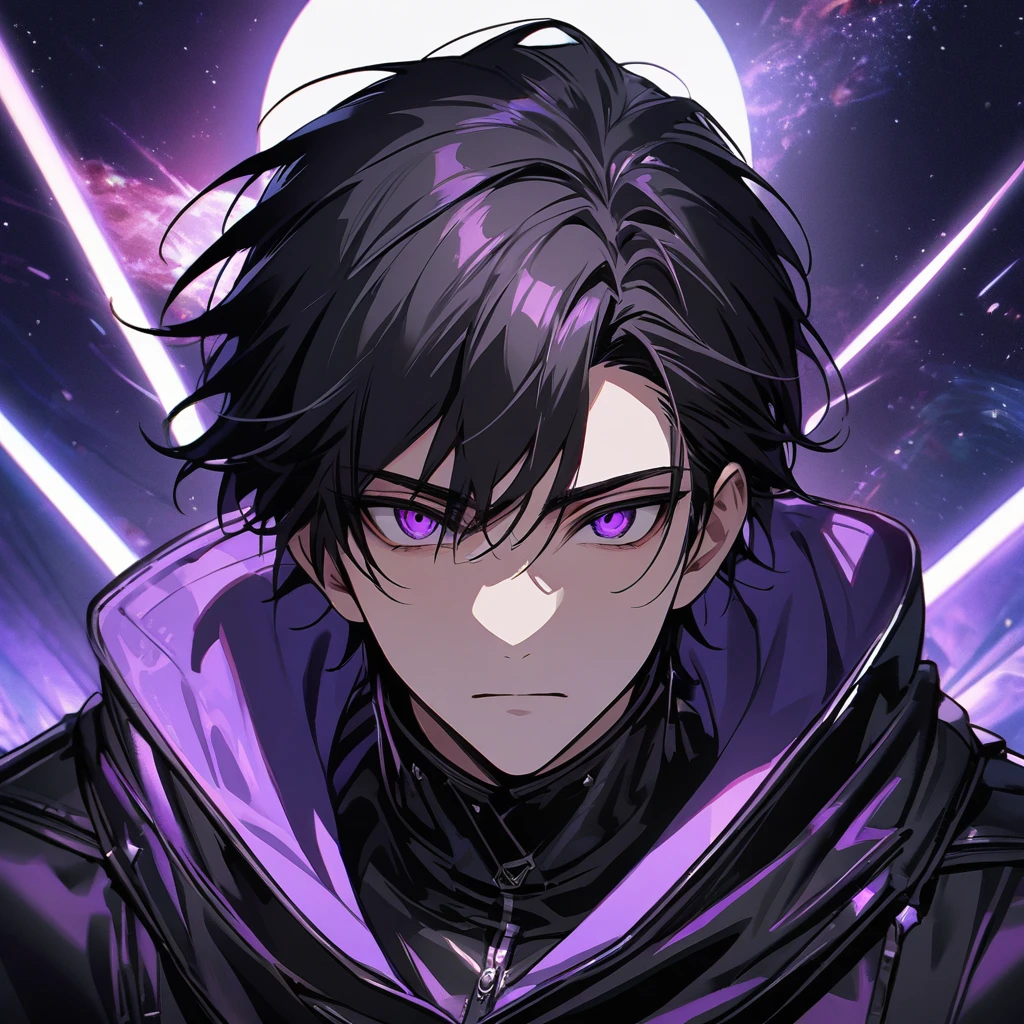 High quality, HD, 4k, no shadows, handsome male, handsome, extremly handsome, 1male, 1 male, ager, pure black hair, short black hair, dark hair, black hair, jet black hair, sharp eyes, deep purple colored eyes, dark purple colored eyes, deep violet eyes, violet eyes, devil may cry, close up, calm expression, stoic expression, black leather clothes, black leather clothing, leather clothing, lean body, well trained body, upper body, looking at viewer, cowboy shot, white solar, space background