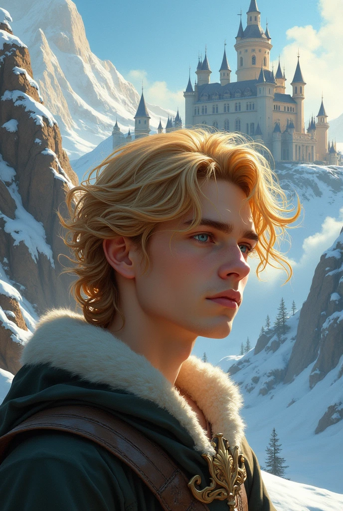 (masterpiece),(best quality), illustration, (fantasy:1.4), perfect male face, solo, cute detailed digital art, beautiful face, golden hair, castle, mountain, a young man, , paper_cut