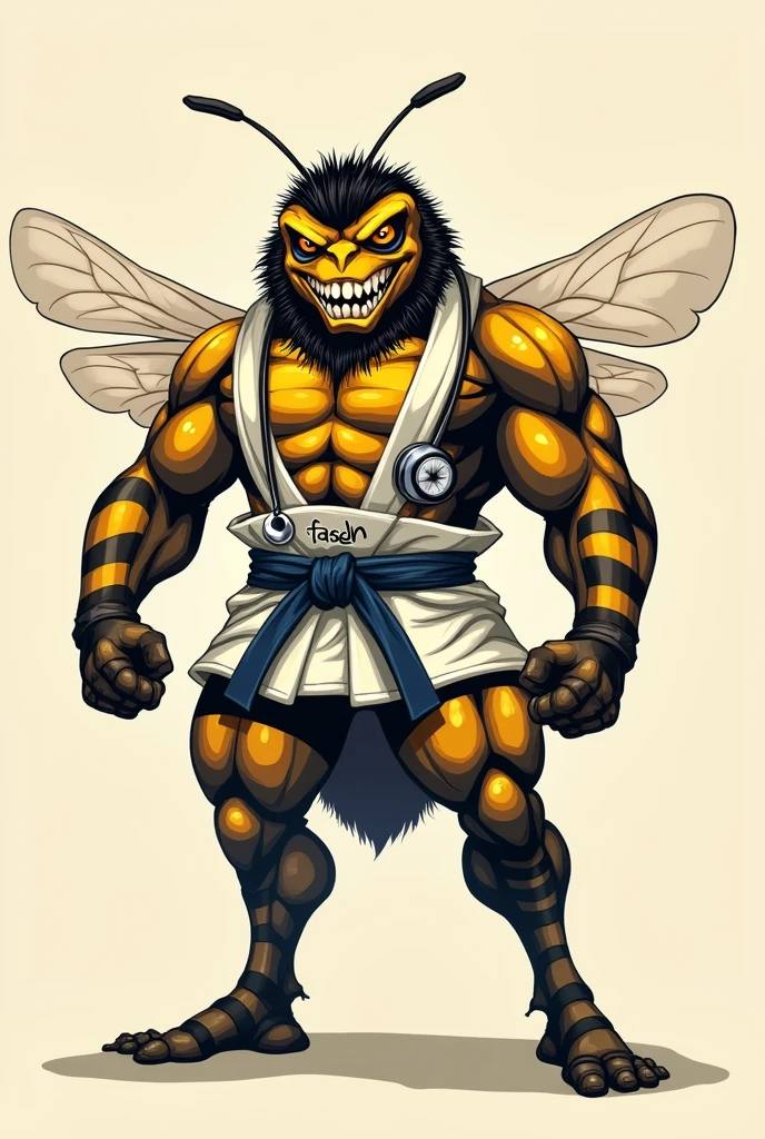 Muscular bee with a judo kimono with FASEH written on it and a stethoscope around his neck with an angry face