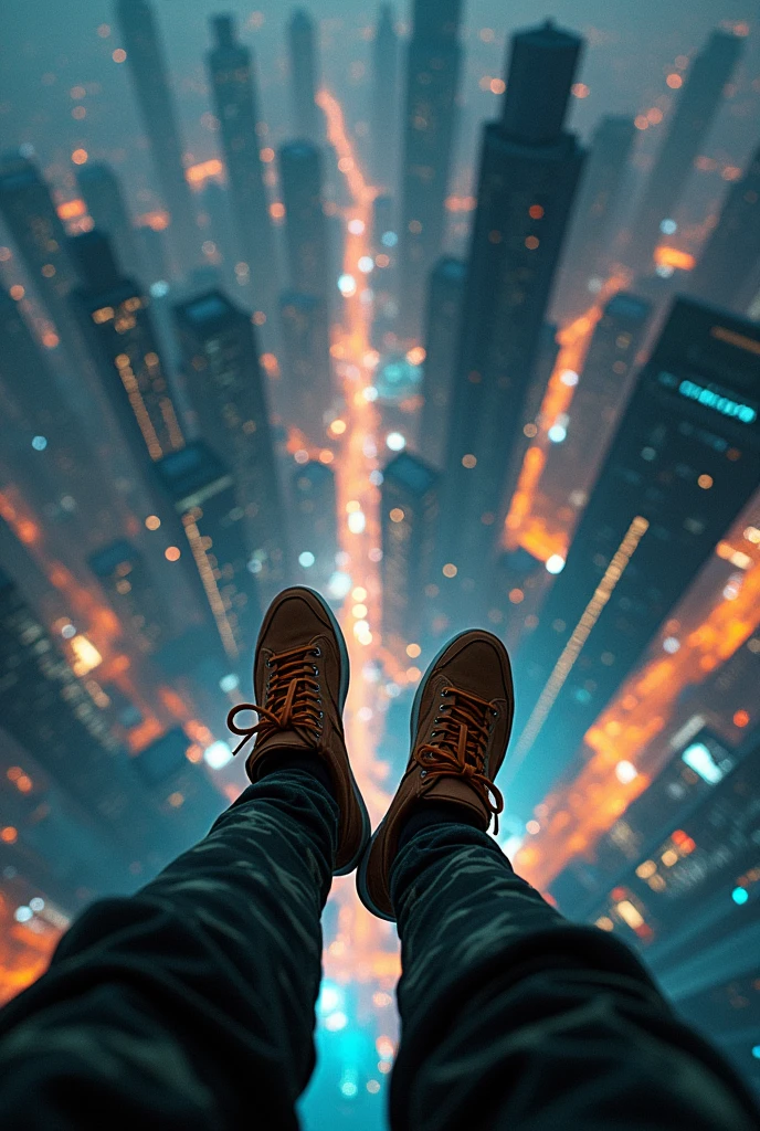 ((photorealistic)), extremely detailed, An aerial view from the top of a skyscraper in a dense, Futuristic cityscape, with the perspective showing a person&#39;s legs and feet hanging over the edge. The person is wearing brown sneakers and camouflage pants... The city below is illuminated with numerous lights., Giving a vibrant and lively feel. The general atmosphere is adventurous and slightly risky.., with a focus on height and the urban environment. The scene is a little blurry., adding a sense of mystery and depth to the urban landscape, 
