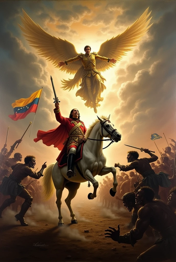 Bolívar on his white horse and his sword with his military uniform of the time and Saint Michael the Archangel descending from heaven in a battle against demons and in the sky the flag of Venezuela in the background