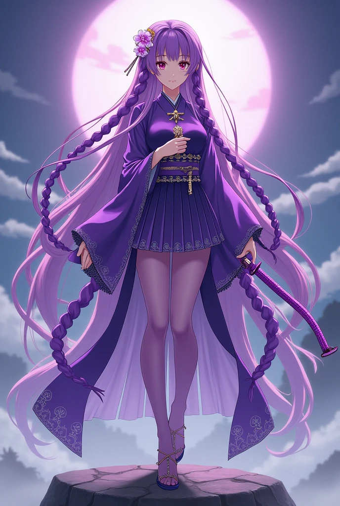 Anime Girl Long Purple Hair with Braid, Japanese clothing purple color, pantyhose, purple japanese sandal, full color image, purple aura, purple katana,