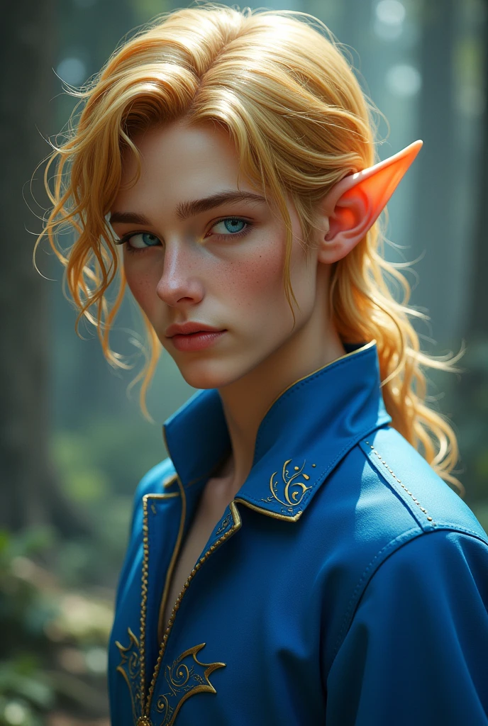 Elf young man with gold hair in blue outfit, blue eyes