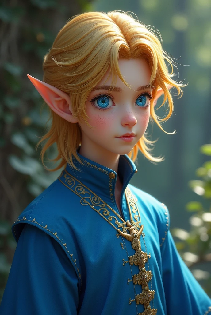 Elf young man with gold hair in blue outfit, blue eyes