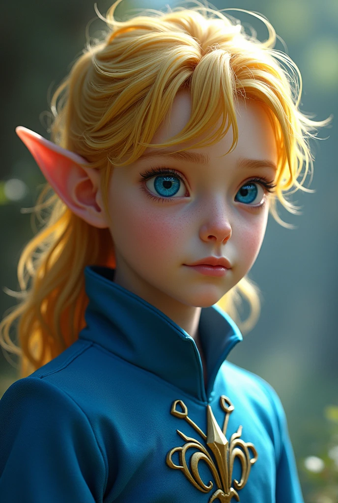 Elf young man with gold hair in blue outfit, blue eyes