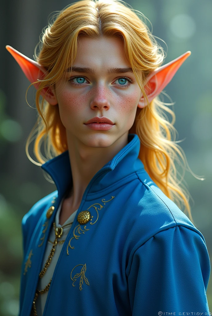 Elf young man with gold hair in blue outfit,  blue eyes 