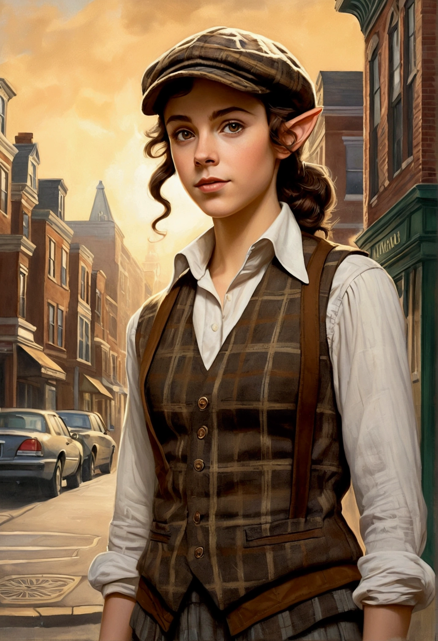 An illustrated movie poster, hand-drawn, full color, a teenage elven girl, wearing a plaid vest and a newsie cap, athletic hourglass figure, long pointy elf ears, amber eyes, dark hair, curly bob cut, deep sun-tanned skintone, standing on a victorian street corner, graphite shading, stencil marks, airbrushed acrylic paint, masterpiece, in the style of the Sherlock Holmes
