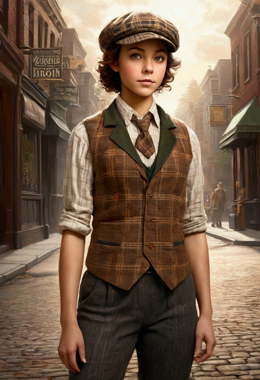 An illustrated movie poster, hand-drawn, full color, a teenage elven girl, wearing a plaid vest and a newsie cap, athletic hourglass figure, long pointy elf ears, amber eyes, dark hair, curly bob cut, deep sun-tanned skintone, standing on a victorian street corner, graphite shading, stencil marks, airbrushed acrylic paint, masterpiece, in the style of the Sherlock Holmes