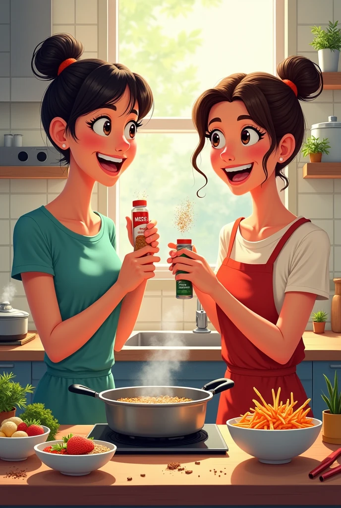 Illustration of two friends using MSG while cooking. Focus MSG