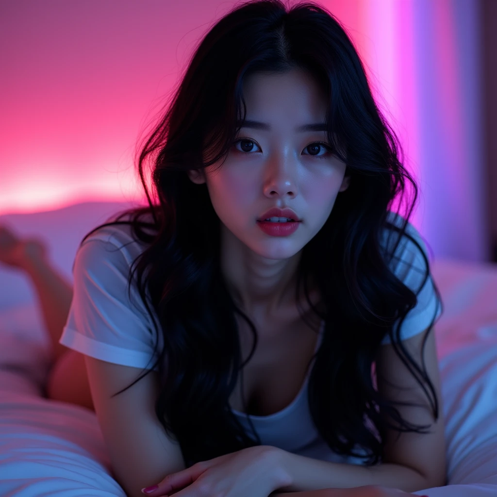 Beautiful Asian Girl with black hair, inexplicable beauty, beautiful eyes, beautiful lips and beautiful long black hair, with small waves at the ends, with a short T-shirt, lying on the bed posing with glasses, with neon background colors