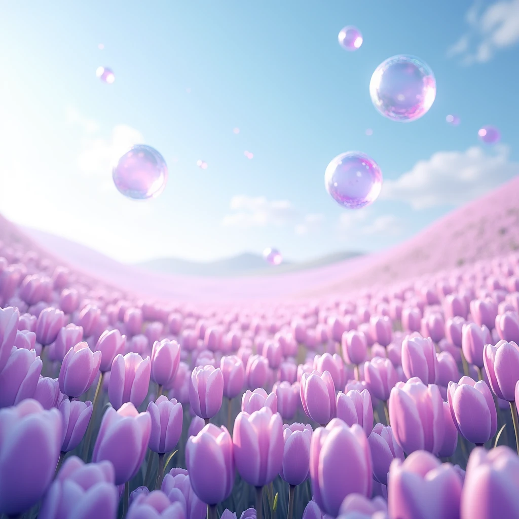 Spring field of colorful pastel purple tulips. Image should show the blue sky with purple clear bubbles floating around.