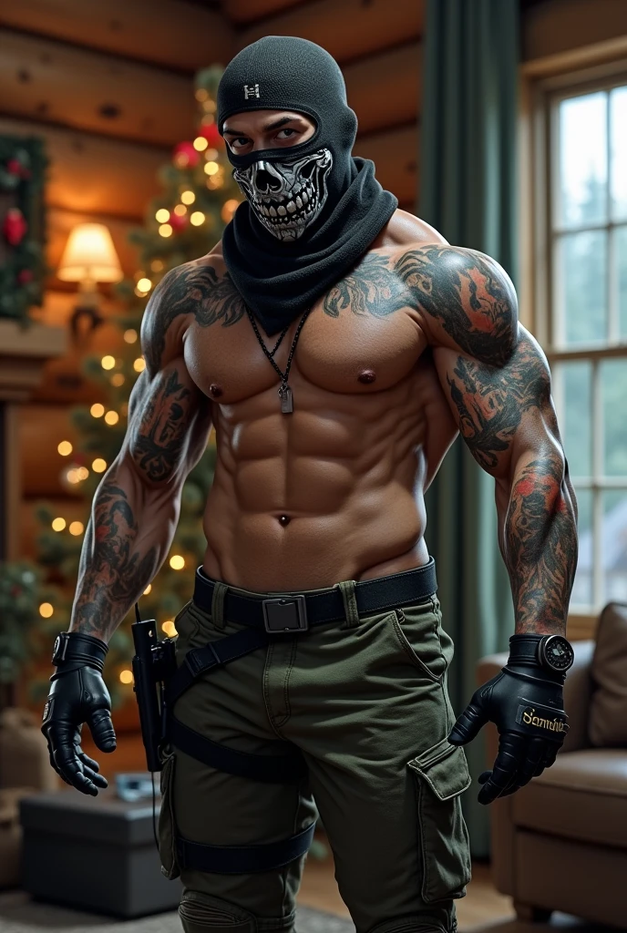 Create Simon "ghost" Riley from Call of duty shirtless and muscular with his tattoos on his arm next to his skull balaclava in a cabin with a Christmas tree with a pose on the ground and sexy MORE MUSCULAR AND IN ANOTHER POSE