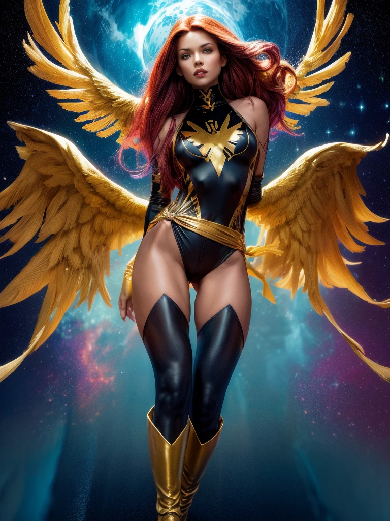 1girl, solo, Jean Grey of X-men, high leg unitard of black and gold, boob window in unitard, ((small bust)), ((thighs showing)), ((calf-high boots)), color mandala tattoos (on thighs:1.37), wings, floating in space, arms out in power pose, contrapposto stance, dramatically colorful cosmic background, moody lighting, 16k, best quality, masterpiece, (wide angle:1.27), full length portrait