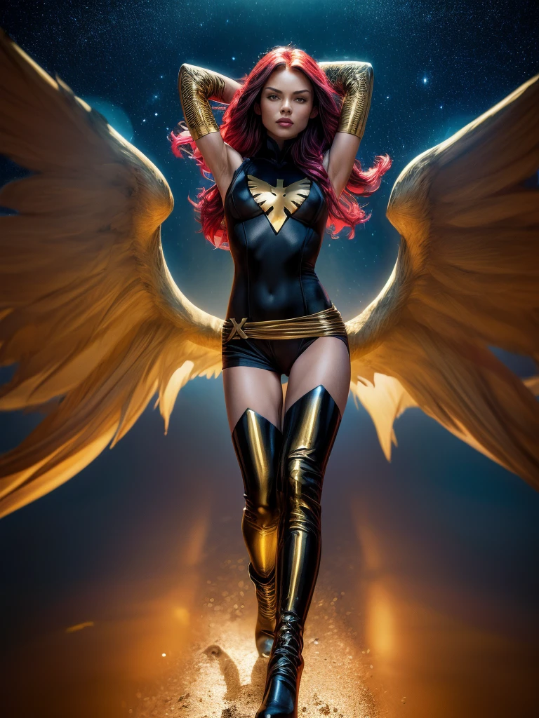 1girl, solo, Jean Grey of X-men, high leg unitard of black and gold, boob window in unitard, ((small bust)), ((thighs showing)), ((calf-high boots)), color mandala tattoos (on thighs:1.37), wings, floating in space, arms out in power pose, contrapposto stance, dramatically colorful cosmic background, moody lighting, 16k, best quality, masterpiece, (wide angle:1.27), full length portrait