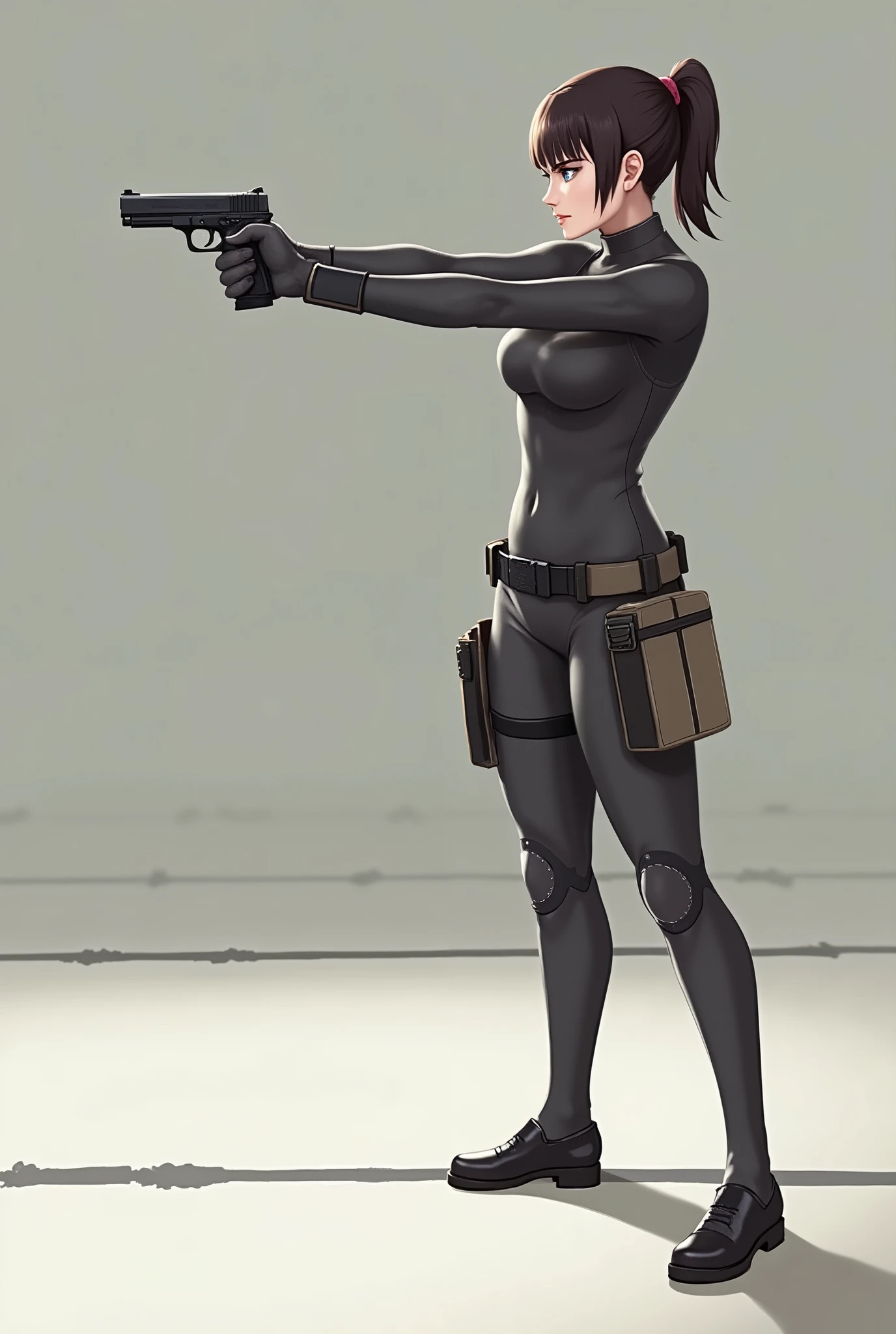 1. Posture 1.1 Foot Position Description: A female shooter in a shooting position, Profile. Feet are shoulder-width apart, at a slight angle to the target. The floor can be indicated with a line or a simple pattern to show the solid base..
detaileds: Show a stable and aligned base, with a guideline to indicate shoulder width. 

holding a pistol 