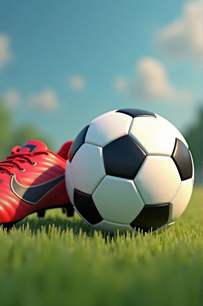 A soccer ball and some animated soccer shoes next to it
