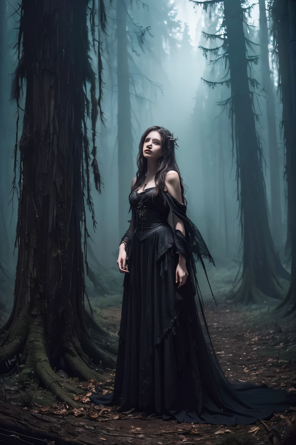 (masterpiece:1.4), (best quality:1.4), (high resolution:1.4), (masterpiece, best quality, high resolution:1.4), dark aesthetic, whimsical, fairycore miasma, witch, woods, dead trees, dead world, horror