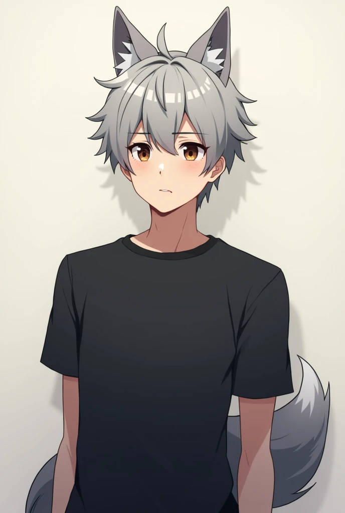 (best quality) half body, Anime character with silver hair and black shirt standing, Wolf Tail, demihuman, demiwolf, kemonomimi, Anime handsome man, Anime portrait of a handsome man, mature, brown eyes, tired, short silver hair, bara, bored expression, expressionless