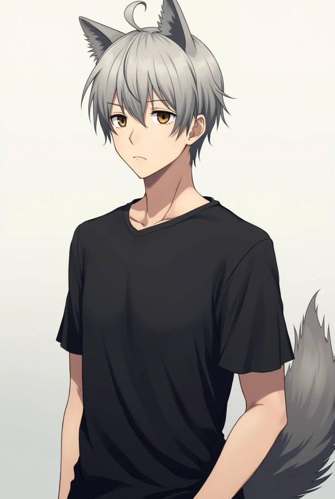 (best quality) half body, Anime character with silver hair and black shirt standing, Wolf Tail, demihuman, demiwolf, kemonomimi, Anime handsome man, Anime portrait of a handsome man, mature, brown eyes, tired, short silver hair, bara, bored expression, expressionless