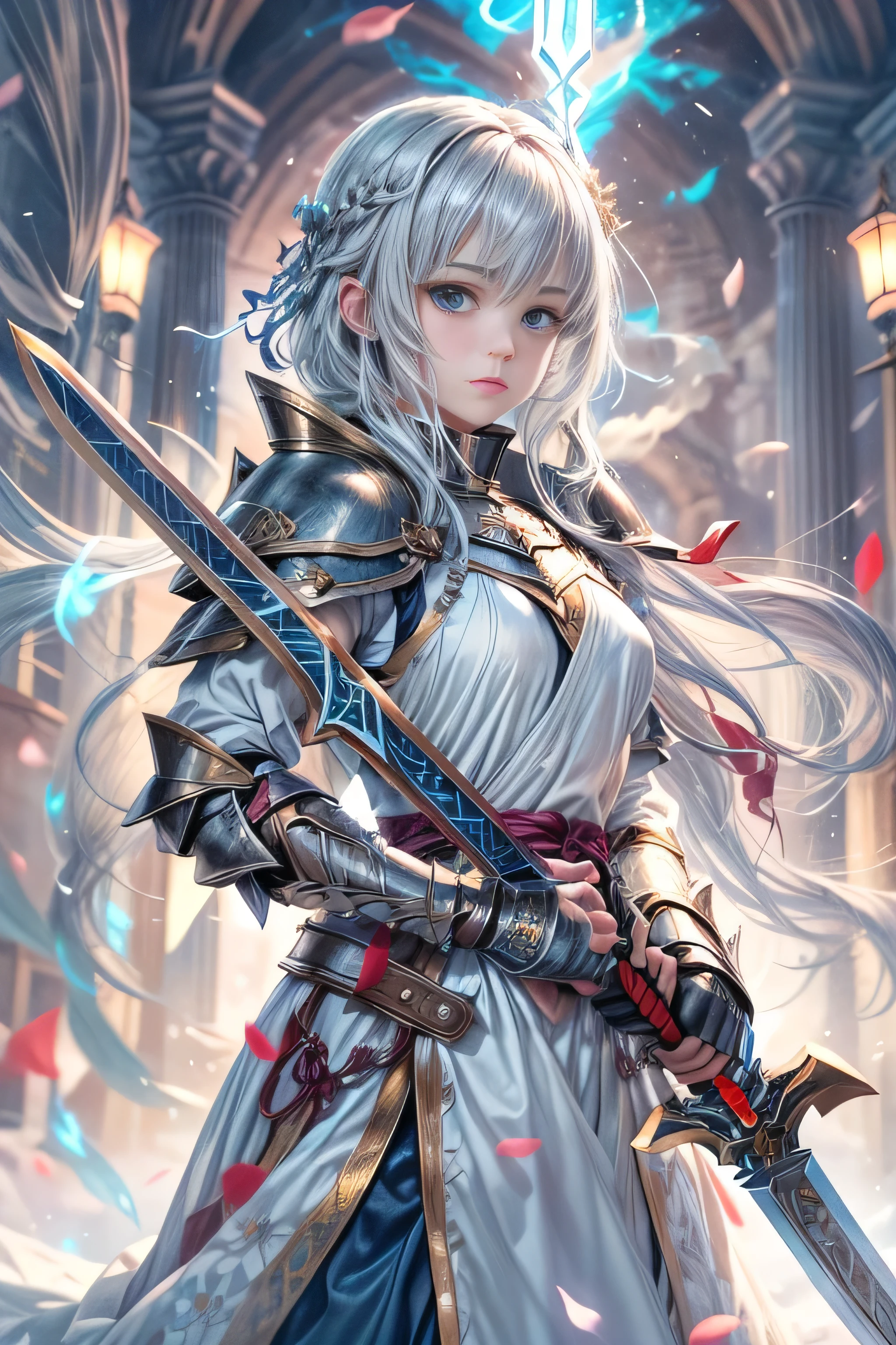 A female knight recognized by the legendary holy sword Excalibur、With the protection of the spirit of light, it emits an aura of light.、8k.Half Russian and half Japanese、Russian face、beautiful girl、A princess with the title of Dragon Slayer、、Small face、Young face、Big eyes、Skinny、Small breasts、(((Silver Hair、Silver Hair)))、With bangs、(((High resolution big beautiful light blue glowing eyes, )))、Shortcuts、Bobcut、(((Red ribbon in hair、Floral decoration)))、Partially braided、Transforms into an armored knight at the call of the holy sword Excalibur.、Large sword、A holy sword that emits a pale blue light、((god々He holds up his sword, shining a deep blue, to the sky.))、god々A sword that shines brilliantly、Magic Sword Light Shield、Armor of Light、fantasy landscape、Fantasy、(Battle with the Dark Knight、Fighting the Demons、Fighting the beastmen)A dragon knight riding a flying dragon through the sky、The sword swings down, leaving a trail of light in its wake.