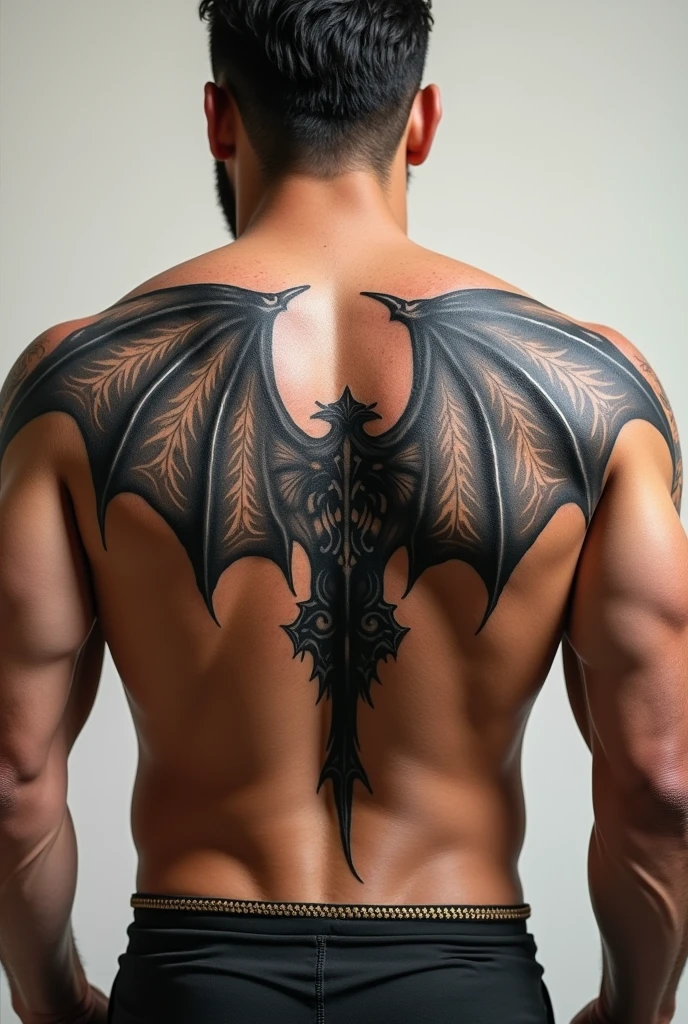 Create a dragon wings tattoo, WITHOUT THE dragon, just the wings, DRAGON WINGS. I want some epic and masculine dragon wings on Strong tanned back of a man. IT HAS TO COVER THE WHOLE UPPER BACK