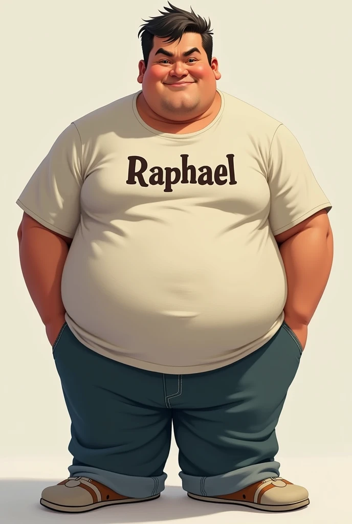 create an adult man with a medium body with a protruding belly and tanned skin, short black hair with receding hairline , round nose, with a podemon shirt written raphael