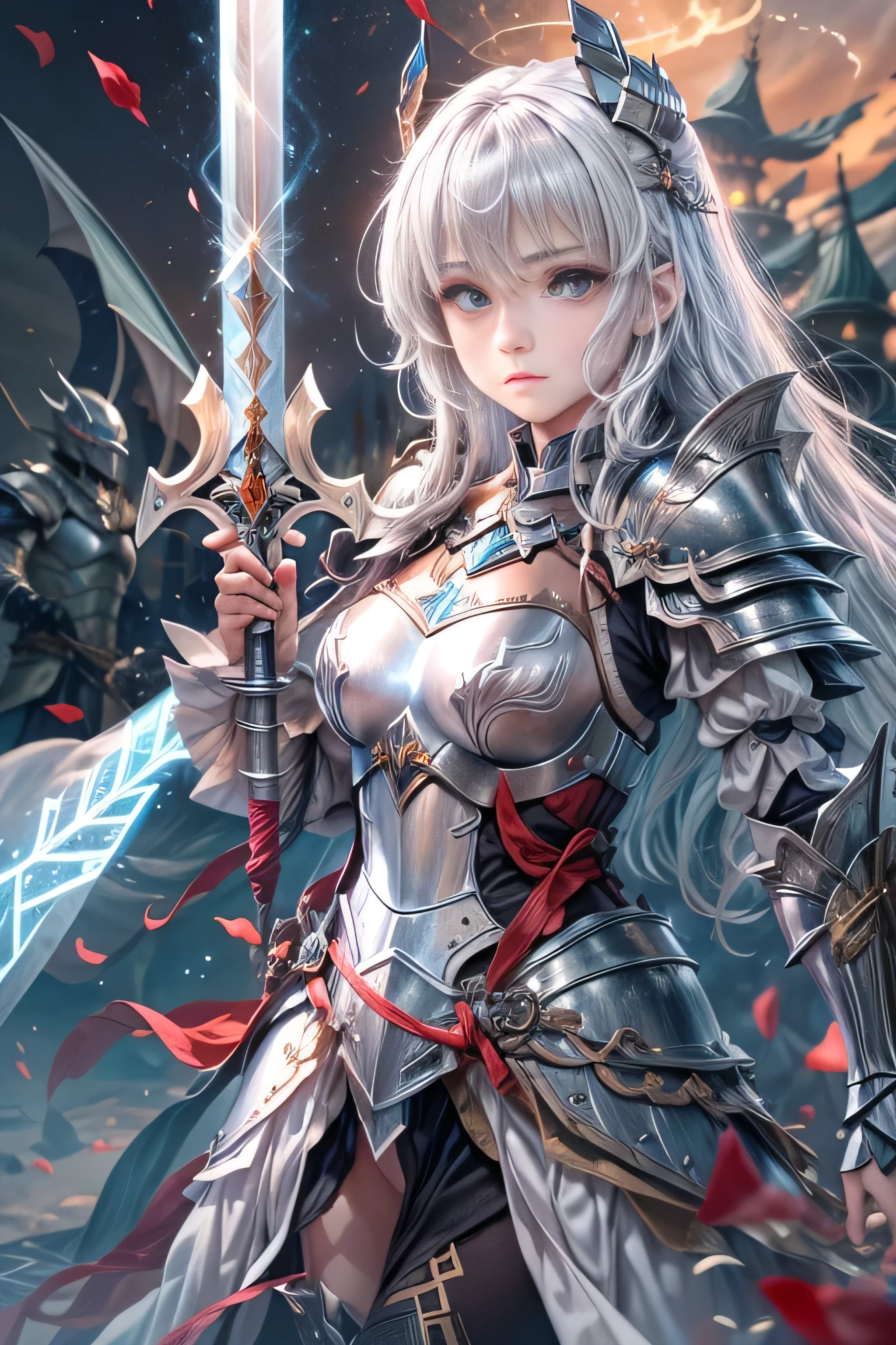 A female knight recognized by the legendary holy sword Excalibur、With the protection of the spirit of light, it emits an aura of light.、8k.Half Russian and half Japanese、Russian face、beautiful girl、A princess with the title of Dragon Slayer、、Small face、Young face、Big eyes、Skinny、Small breasts、（（（Silver Hair、Silver Hair）））、With bangs、（（（High resolution big beautiful light blue glowing eyes, ）））、Shortcuts、Bobcut、（（（Red ribbon in hair、Floral decoration）））、Partially braided、Transforms into an armored knight at the call of the holy sword Excalibur.、Large sword、A holy sword that emits a pale blue light、（（god々He holds up his sword, shining a deep blue, to the sky.））、god々A sword that shines brilliantly、Magic Sword Light Shield、Armor of Light、fantasy landscape、Fantasy、（Battle with the Dark Knight、Fighting the Demons、Fighting the beastmen）A dragon knight riding a flying dragon through the sky、The sword swings down, leaving a trail of light in its wake.
