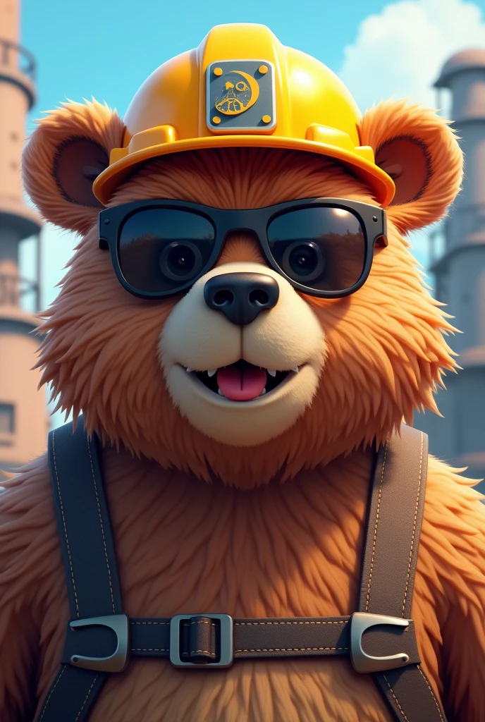 there is a bear wearing a hard hat and sunglasses, a digital rendering by Randy Gallegos, reddit, furry art, ( bear wearing sunglasses, portrait of anthropomorphic bear, brown skinned, Neo Norilsk, half brown skinned bear, half bear, bear, mascot illustration, 3D icon for mobile game, anthropomorphic beaver, official character illustration