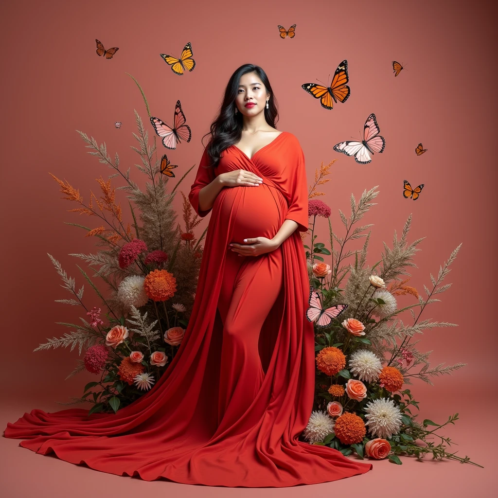 pregnant woman in red dress surrounded by butterflies and flowers, a digital rendering inspired by Tang Yifen, shutterstock contest winner, conceptual art, maternal photography 4 k, full body portrait shot, award winning studio photo, full body photograph, full body portrait, color studio portrait, whole body photography, woman in flowers, portrait photo of a backdrop, korean artist