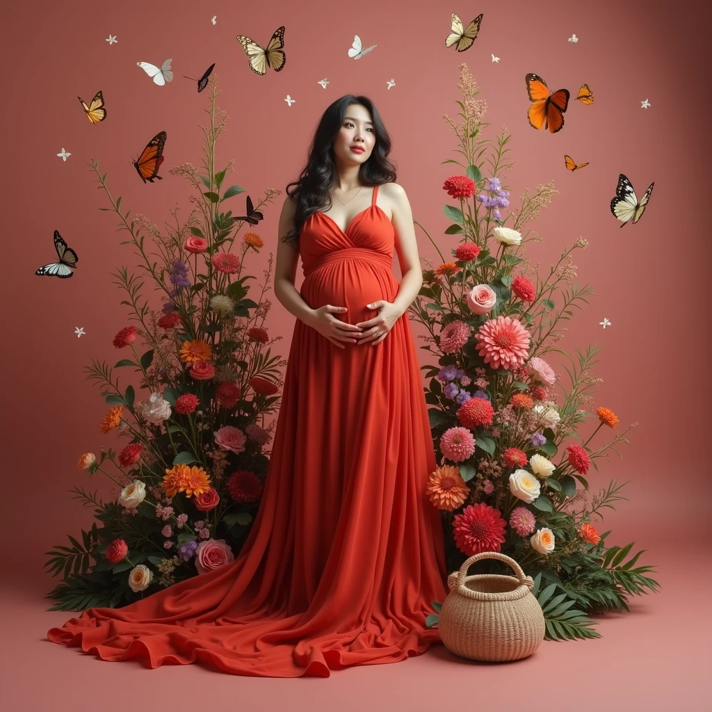 pregnant woman in red dress surrounded by butterflies and flowers, a digital rendering inspired by Tang Yifen, shutterstock contest winner, conceptual art, maternal photography 4 k, full body portrait shot, award winning studio photo, full body photograph, full body portrait, color studio portrait, whole body photography, woman in flowers, portrait photo of a backdrop, korean artist