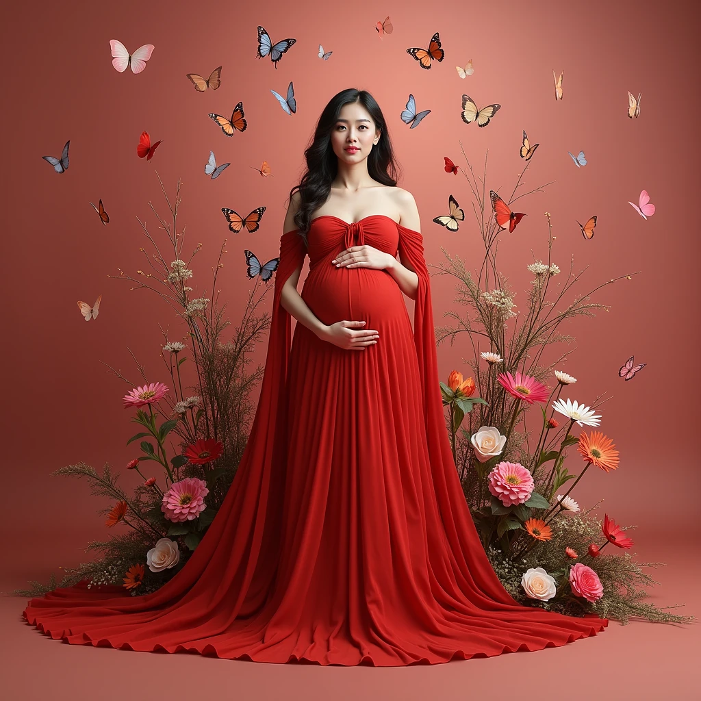 pregnant woman in red dress surrounded by butterflies and flowers, a digital rendering inspired by Tang Yifen, shutterstock contest winner, conceptual art, maternal photography 4 k, full body portrait shot, award winning studio photo, full body photograph, full body portrait, color studio portrait, whole body photography, woman in flowers, portrait photo of a backdrop, korean artist
