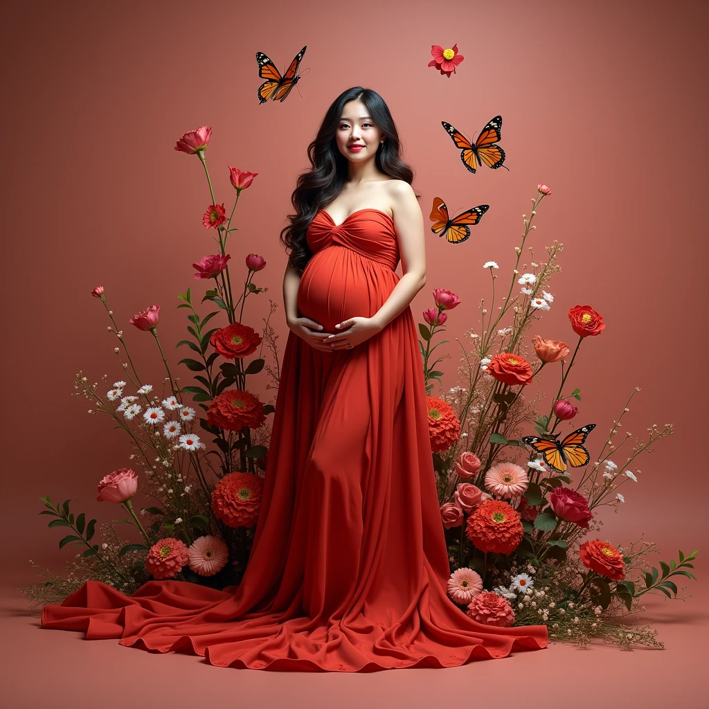 pregnant woman in red dress surrounded by butterflies and flowers, a digital rendering inspired by Tang Yifen, shutterstock contest winner, conceptual art, maternal photography 4 k, full body portrait shot, award winning studio photo, full body photograph, full body portrait, color studio portrait, whole body photography, woman in flowers, portrait photo of a backdrop, korean artist