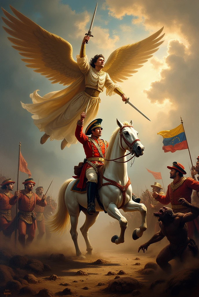 Bolívar on his white horse and his sword with his military uniform of the time and Saint Michael the Archangel descending from heaven in a battle against demons and in the sky the flag of Venezuela in the background