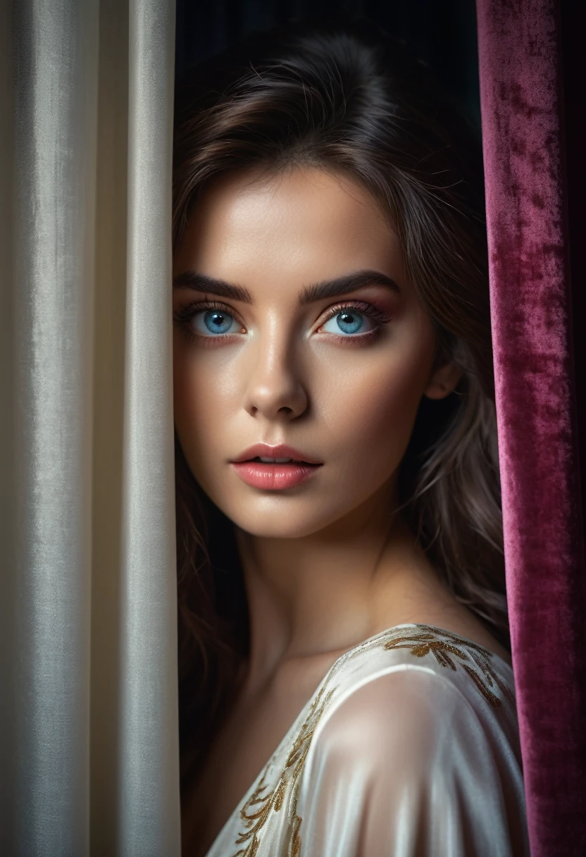 RAW photo, beautiful eyes, masterpiece, peeking out from behind the curtains, colorful details, award-winning, high detail, 8 K, daylight, analog film, detailed skin, stunning composition, complex parts, subsurface scattering, velvet hair, amazing textures, cinematic, chiaroscuro, soft light