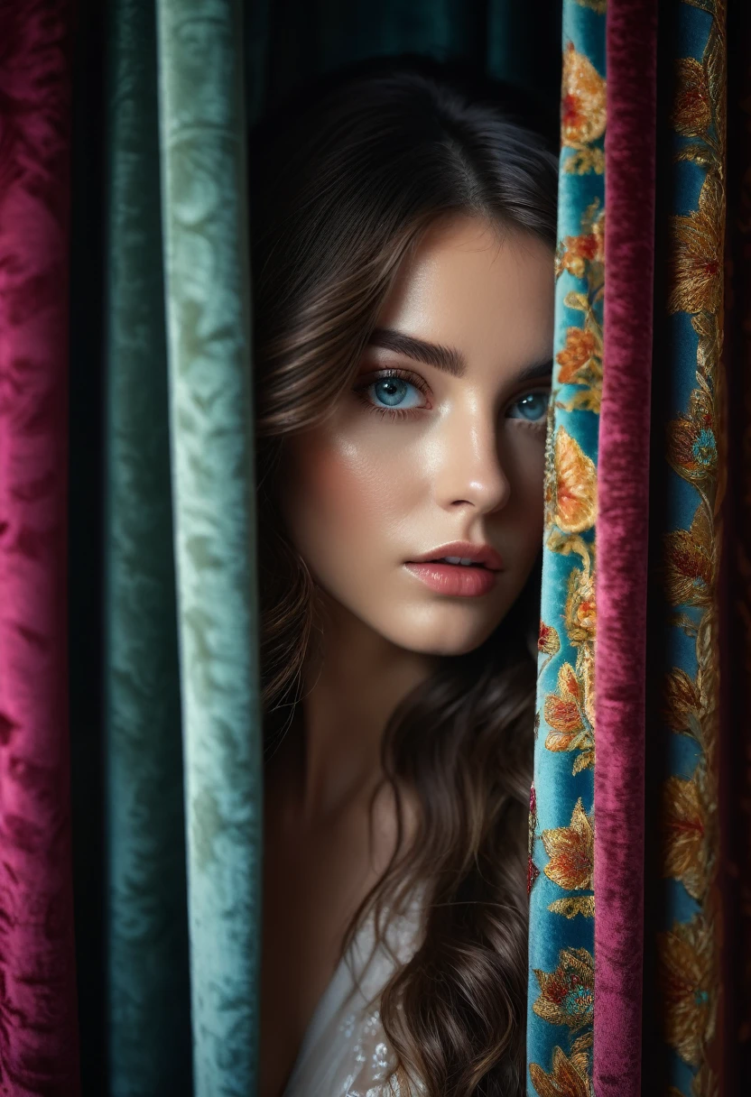 RAW photo, beautiful eyes, masterpiece, peeking out from behind the curtains, colorful details, award-winning, high detail, 8 K, daylight, analog film, detailed skin, stunning composition, complex parts, subsurface scattering, velvet hair, amazing textures, cinematic, chiaroscuro, soft light