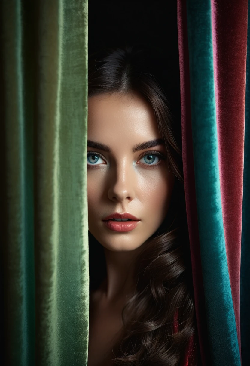 RAW photo, beautiful eyes, masterpiece, peeking out from behind the curtains, colorful details, award-winning, high detail, 8 K, daylight, analog film, detailed skin, stunning composition, complex parts, subsurface scattering, velvet hair, amazing textures, cinematic, chiaroscuro, soft light