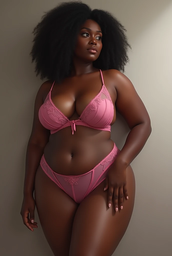 black skinned woman, in pink lingerie, full body, that the nipple can be seen a little, realist, with vitiligo, huge tits