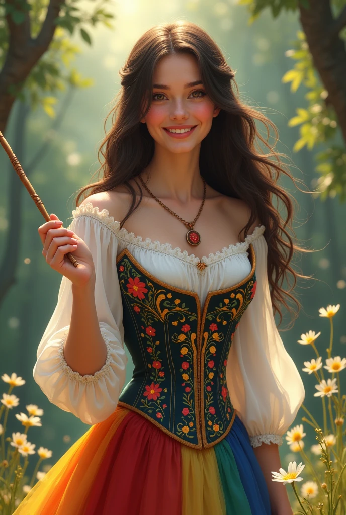 A bard with dark brown long hair and brown eyes. She looks like Lucy Gray. she smiles. She has a simple magic wand in her hand. She is wearing a white blouse, over it a corset embroidered with flowers and a colorful rainbow skirt.