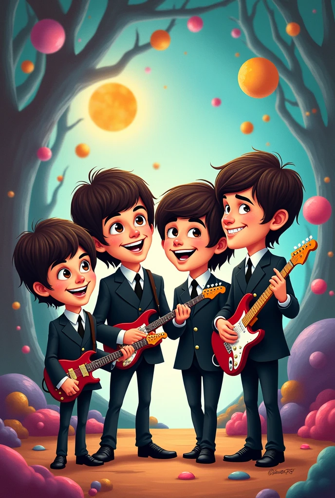 create a cartoon of the beatles 