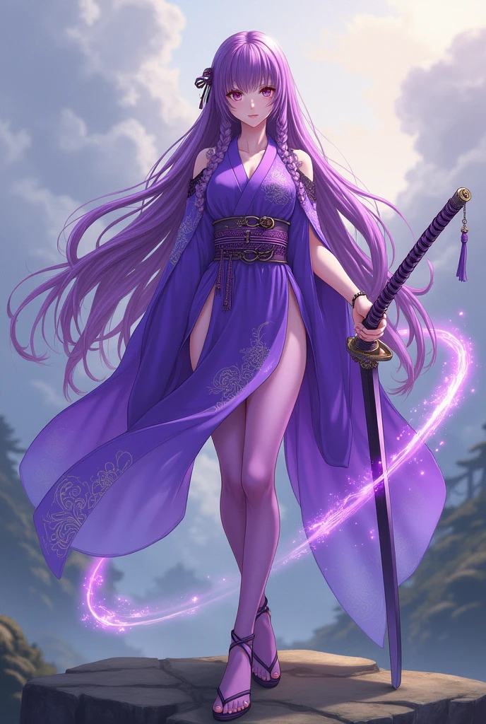 Anime Girl Long Purple Hair with Braid, Japanese clothing purple color, pantyhose, purple japanese sandal, full color image, purple aura, purple katana,