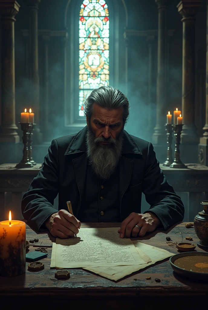 Simple drawing of a bearded father making an evil plan inside a church