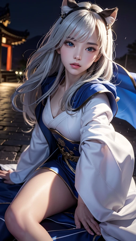 climbing a temple wall South korea women mystery hooded on with modern royal Blue coat with long and wide sleeves with buttons and royal Blue cape and very high white heel over the knee and white gloves, As she reveals a small secret hidden blade coming from his palm , adding to the character's mysterious and agile appearance, with small movements of air on the cape,, in summer at night under the rain,medieval south korea house. sophisticated and highly detailed, ultra hd, realistic, hyper detailed, enhanced colours, ultra sharp focus, with vibrant, rich in details High quality, gorgeous, captivating, 8k, super detailed, stunning shadows, detailed lines, just after to make a murder