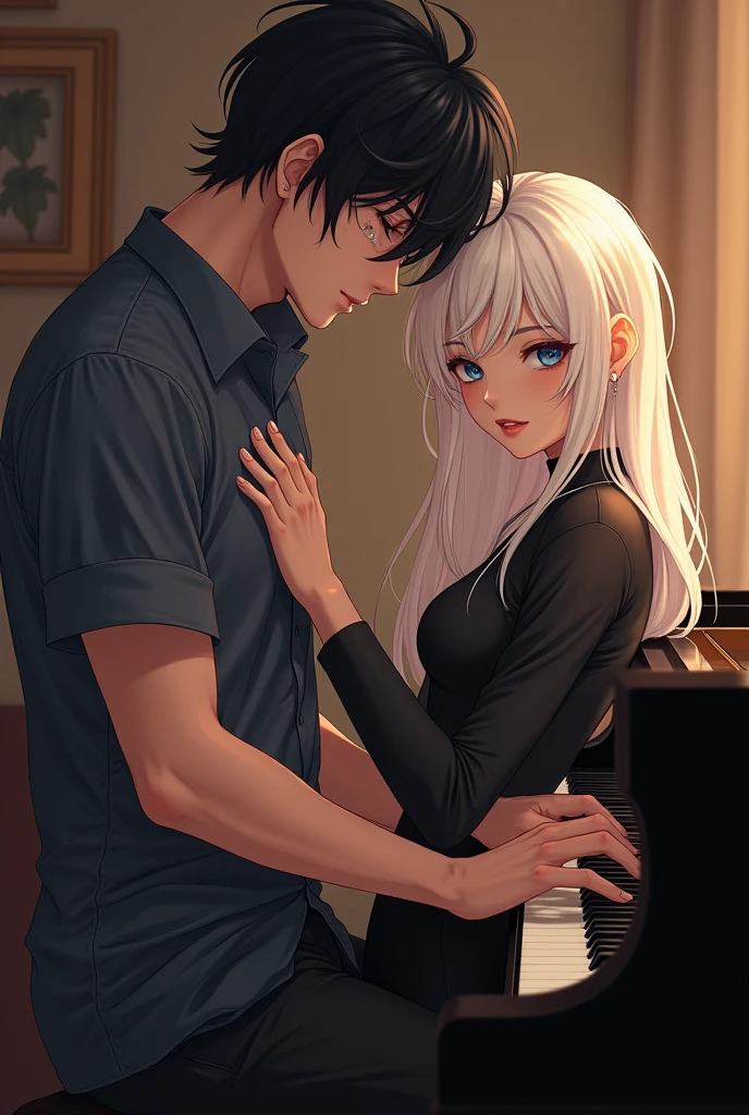 A woman with long platinum blonde hair, pele branca e blue colored eyes roupa casual preta aprendendo a tocar piano com um homem charmoso de cabelo preto, blue colored eyes, white skin muscular, that helps her play the piano from behind while standing.