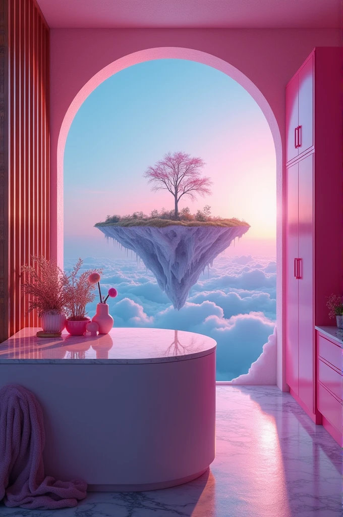 landscape photography, marble worktop, wooden slats, pink wardrobes, makeup brushes, subject centered, right angle, neutral perspective, on a floating island in the sky, double palette of complementary colors (tetradica), beautiful dynamic dramatic dark moody lighting, neon lights, ice, triadic color palette, shot on Nikon Coolpix P950 with built-in 24-2000mm f-2.8-6.5, photo by David Burdeny