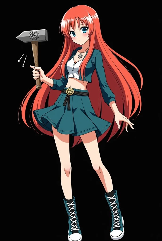 A full body image of a child named Hana Watanabe, personagem do anime "dragonball z", she is very beautiful, with long, straight, fire-colored hair with two white streaks highlighted in the front, framing your face. She has blue-green eyes and pale skin.. she is a Wiccan, she is in fighting pose. she wears a pentagram necklace, croped, glued skirt, beautiful women&#39;s high-top shoes and ¾-long socks, she holds a nail hammer and small nails. It is drawn with Akira Toryama&#39;s animation. black backdrop.