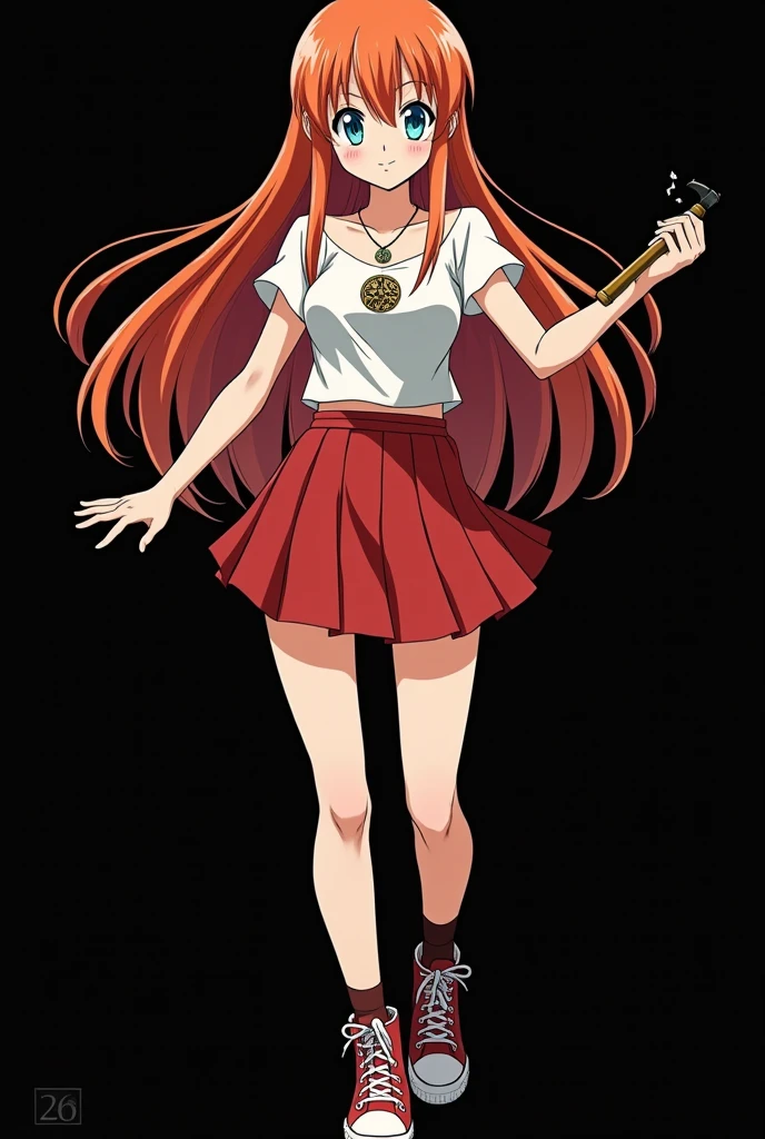 A full body image of a child named Hana Watanabe, personagem do anime "dragonball z", she is very beautiful, with long, straight, fire-colored hair with two white streaks highlighted in the front, framing your face. She has blue-green eyes and pale skin.. she is a Wiccan, she is in fighting pose. she wears a pentagram necklace, croped, glued skirt, beautiful women's high-top shoes and ¾-long socks, she holds a nail hammer and small nails. It is drawn with Akira Toryama's animation. black backdrop.