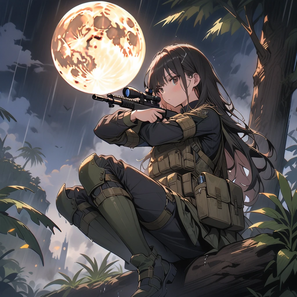 (masterpiece, best quality:1.2), 1 girl, solo, Tactical knight, light armor, tactical equipment, tactical straps, leather equipment, tactical accessories, knight accessories, 1girl, medieval background, tactical armored boots, light equipment, 1girl, tactical explorer equipment, tactical command equipment, tactical combat equipment, tactical straps, mission cover in the jungle during storm, tactical assault, hunting the target, night jungle background, moon in the sky, rain night, dynamic background, aim at the target, assault rifle, ready to shoot pose, on the branch of a tree, attention to detail, masterpiece, dark clothes, full body, darkness night, clothes slightly wet from the rain, dark night, dark jungle, night jungle, rain night, clothes slightly wet, dark background, light equipment, shadow contrast, dim lighting, between the shadows of the night, gloomy environment,