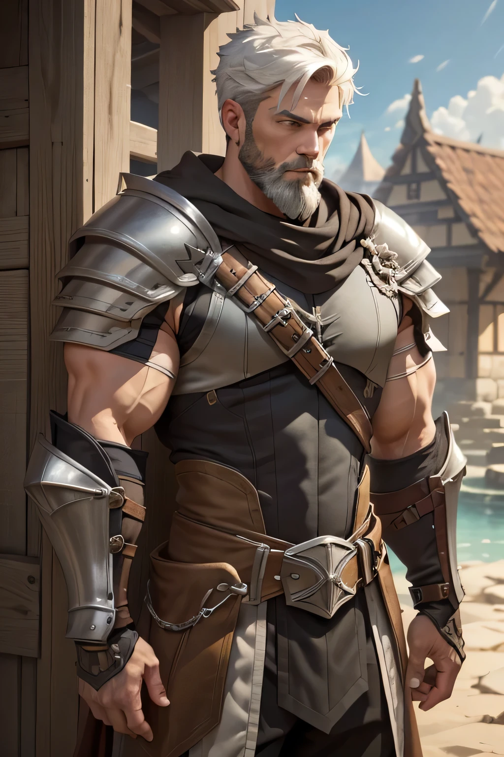 Masterpiece, Best Quality, Ultra-Detailed, 1man, male, manly male, alpha male, old mature muscular male, white hair, very short hair, white beard, green eyes, bright eyes, very beautiful and detailed eyes, very detailed eyes, 3, bara, muscular male, tall, large shoulders, large chest, huge arms, (large waist:1.0), ((thick neck:1.0)) athlete, bare biceps, large waist, medieval armor, light armor, black armor, Mystical armor, (sleeveless armor:1.0), Golden details on the armor, gray details on the armor, elsword style armor, granblue fantasy style armor, black cloak, cloak over the shoulders, ((arms exposed:1.0)), Neutral face, cowboy shot, high resolution:1.2, best quality, master part, daylight, Reflection of lens, upper body shot, looking front. ::(((armor)))