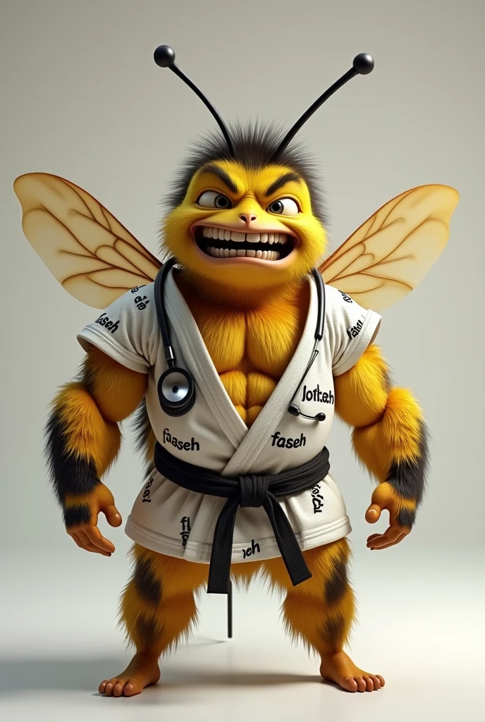 Muscular bee with judo kimono laughing with FASEH written all over his body and a stethoscope around his neck with an angry face