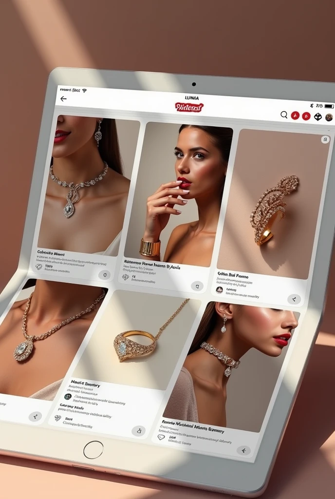 a picture of the pinterest profile on the user screen, The main one with photos of elegant jewelry and the profile is called Lumina but it is from Pinterest